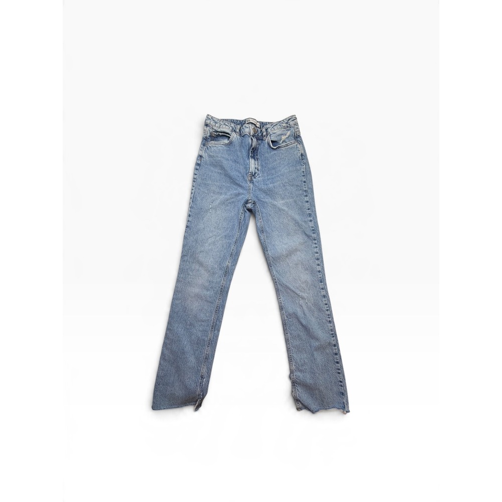Zara Womens High Waisted Straight Leg Jeans Light Wash Blue Raw Hem Size 8